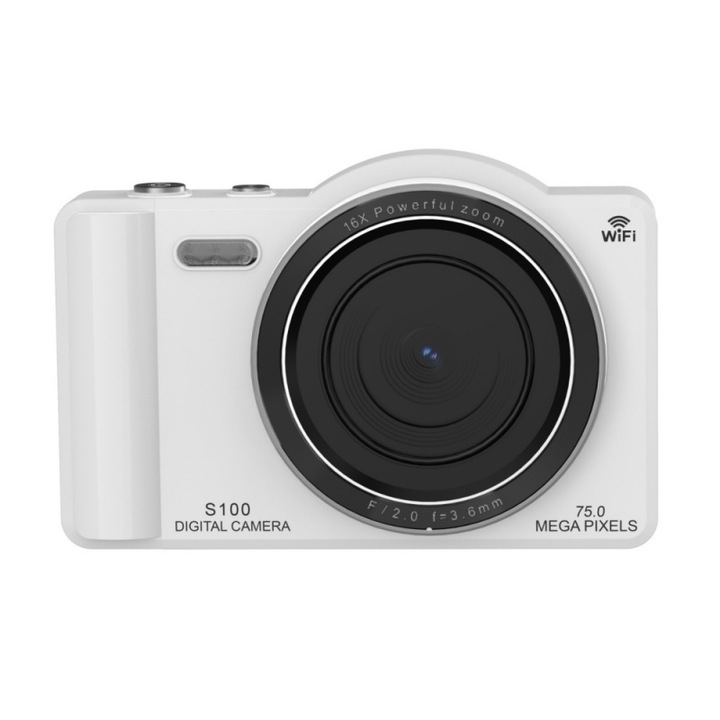 Цифров фотоапарат, 4K, 75 мегапиксела, 128 GB карта памет, WIFI, 16X цифрово увеличение, 2.8-инчов HD сензорен екран, AF автофокус, 1200 mAh, USB зареждане, елегантен и многофункционален, бял