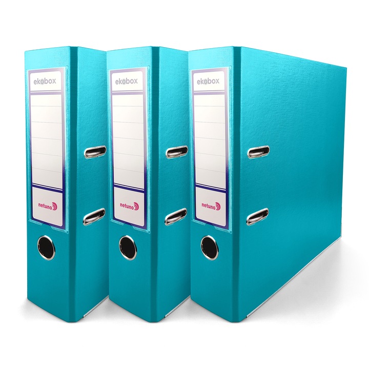 Set Bibliorafturi, Netuno, Plastifiat, 80 mm, A4, 3 Bucati, Buzunar Etichete, Calitate Superioara, Usor De Depozitat, Durabil, Ajuta la Organizarea Documentelor, 210 x 297 mm, Turcoaz