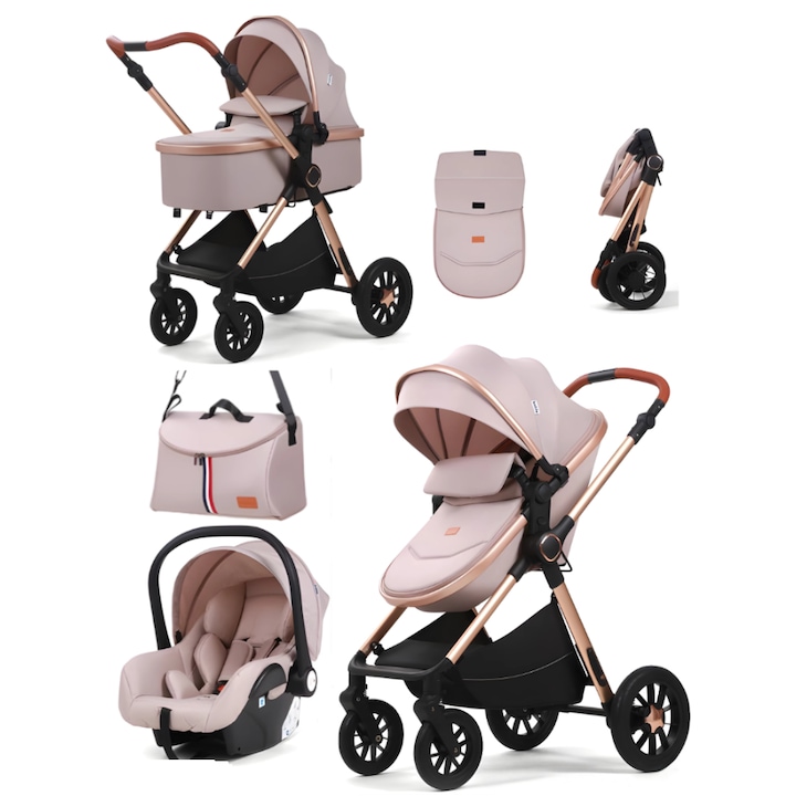 Carucior, 3 in 1, cu suspensii duble si landou reversibil, Element sustinere dublu, 0-36 luni, bej