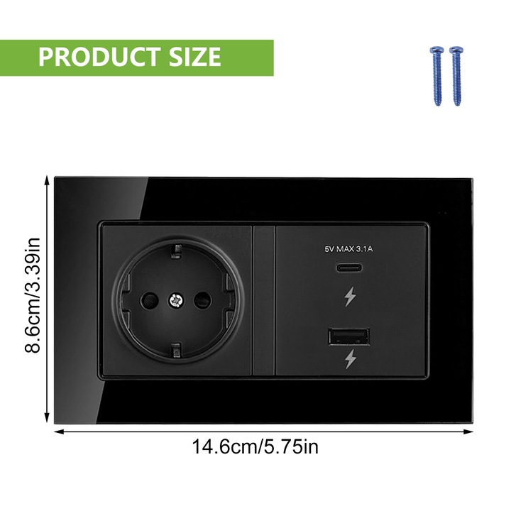 Контакт, qipuneky, тип C и USB, 65W, черен, за повърхностен монтаж