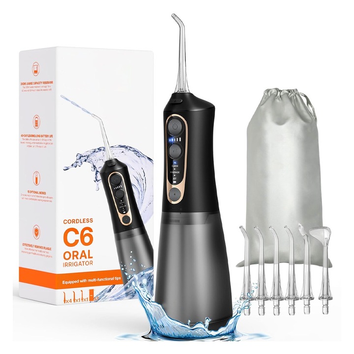 Szájöblítő, 3 tisztítási mód, 300 ml-es tartály, állítható nyomás, 5 intenzitási szint, 6 fúvókával, fekete