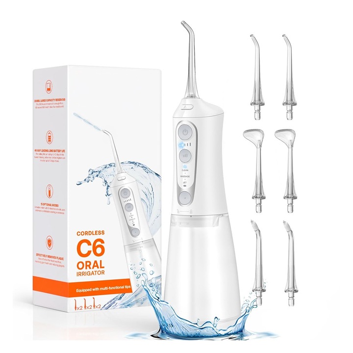 Szájöblítő, 3 tisztítási mód, 300 ml-es tartály, állítható nyomás, 5 intenzitási szint, 6 fúvókával, fehér