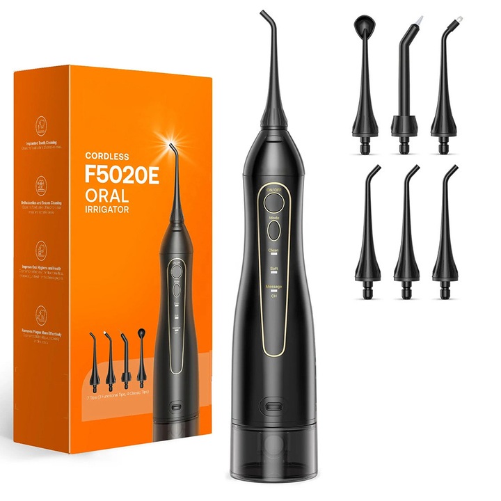 Dus Bucal, 3 Moduri de Curatare, Rezervor de 300ml, Presiune Reglabila, Temporizator, 5 Nivele de Intensitate, Negru