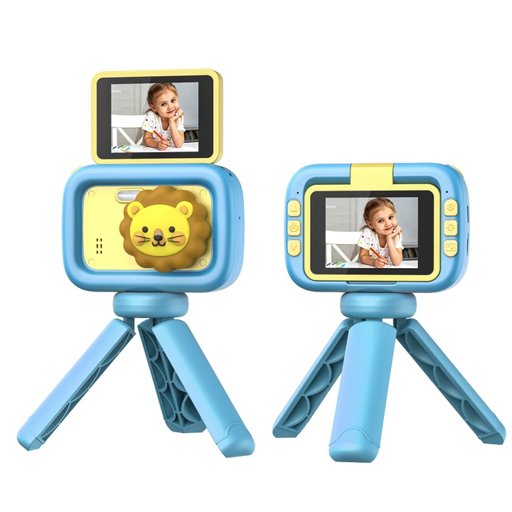 Camera foto pentru copii, forma draguta, 48 de milioane de pixeli, 1080P, card de memorie de 64 GB, adaptor Type-C, zoom 4X, ecran IPS HD de 2, 4 inci, lumina de umplere incorporata, cu trepied, incarcare USB, albastra