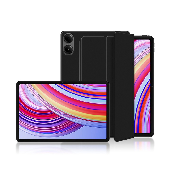 Husa pentru tableta Xiaomi Redmi Pad PRO, Fudisenn, 12,1 inci, cu slot pentru stilou, pliabila in trei, suport ultra-subtire cu functie Sleep/Wake, rezistenta la uzura, neagra