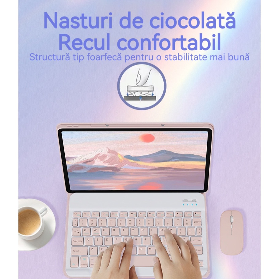 Husa tableta, tastatura Bluetooth, Fudisenn, Husa cu tastatura pentru Lenovo IDEA Tab PRO, 12,7 inci, detasabila, acoperire completa si rezistenta la caderi, roz