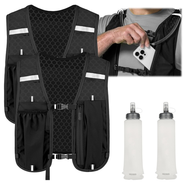 Комплект 2 мъжки елека за джогинг qipuneky, леки, черни, 500 мл, регулируеми