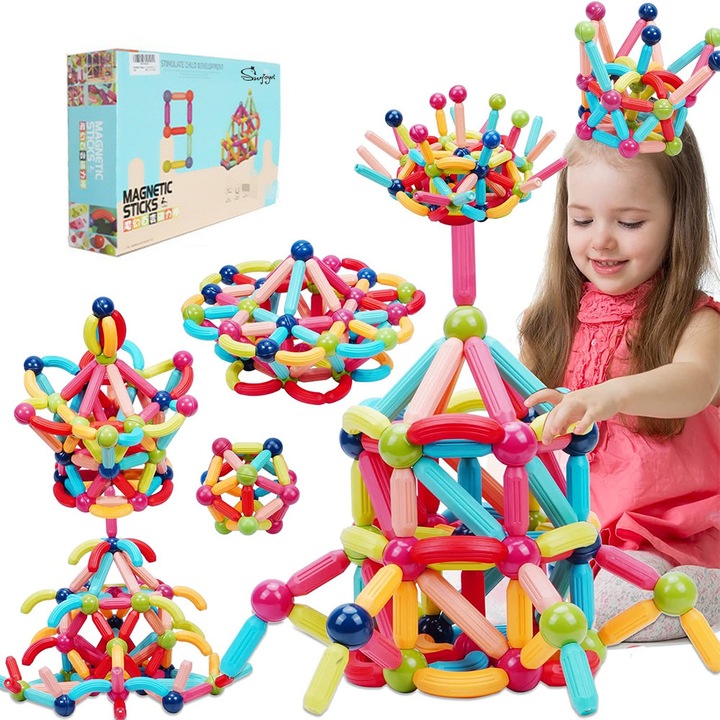 Set de blocuri magnetice, SWJOYOL, 128 piese, multicolor, pentru copii 3-6 ani