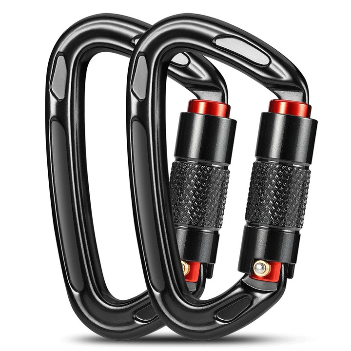 Set de carabiniere cu blocare automata 25KN, SWJOYOL, negru, 2 bucati, pentru alpinism si activitati in aer liber