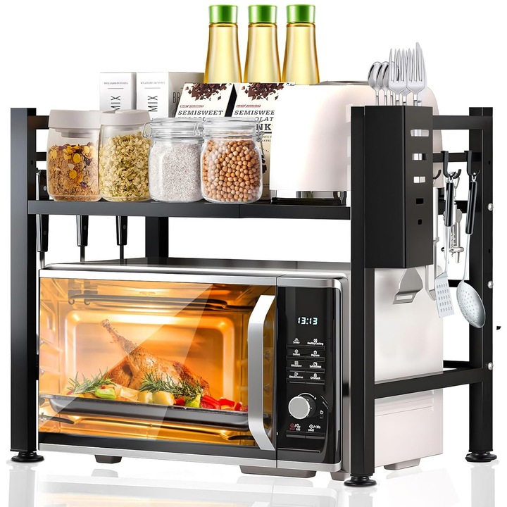 Raft Metalic Cuptor cu Microunde, Organizator Bucatarie cu 2 Niveluri, cu 6 polite, 58 x 36 x 45 cm, Negru