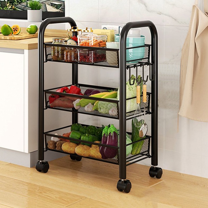 Etajera multifunctionala din metal cu 3 rafturi si roti pivotante. Negru– organizare eficienta si mobila pentru orice spatiu