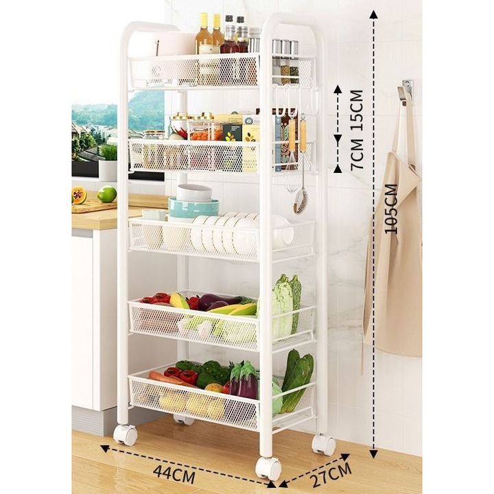 Etajera multifunctionala din metal cu 5 rafturi si roti pivotante. Alb– organizare eficienta si mobila pentru orice spatiu