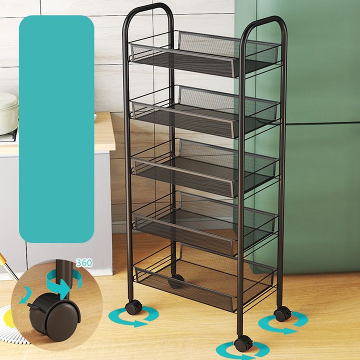 Etajera multifunctionala din metal cu 5 rafturi si roti pivotante. Negru– organizare eficienta si mobila pentru orice spatiu