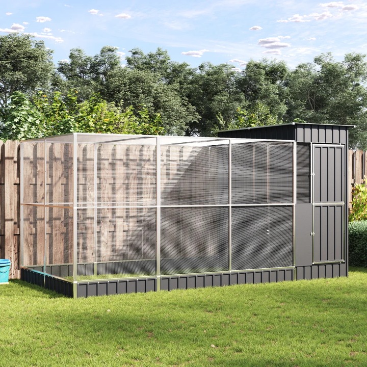 Voliera cu extensie, argintie, 416x203x216 cm, otel