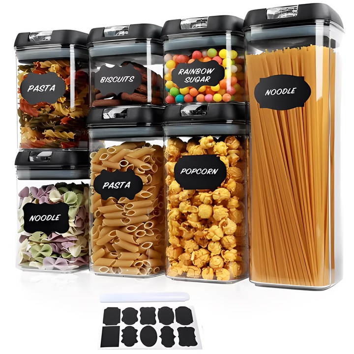 Set 7 recipiente depozitare alimentara din plastic, inchidere etansa, fara BPA, stivuibile, cu etichete si marker – Negru & Transparent, 500-1900 ml