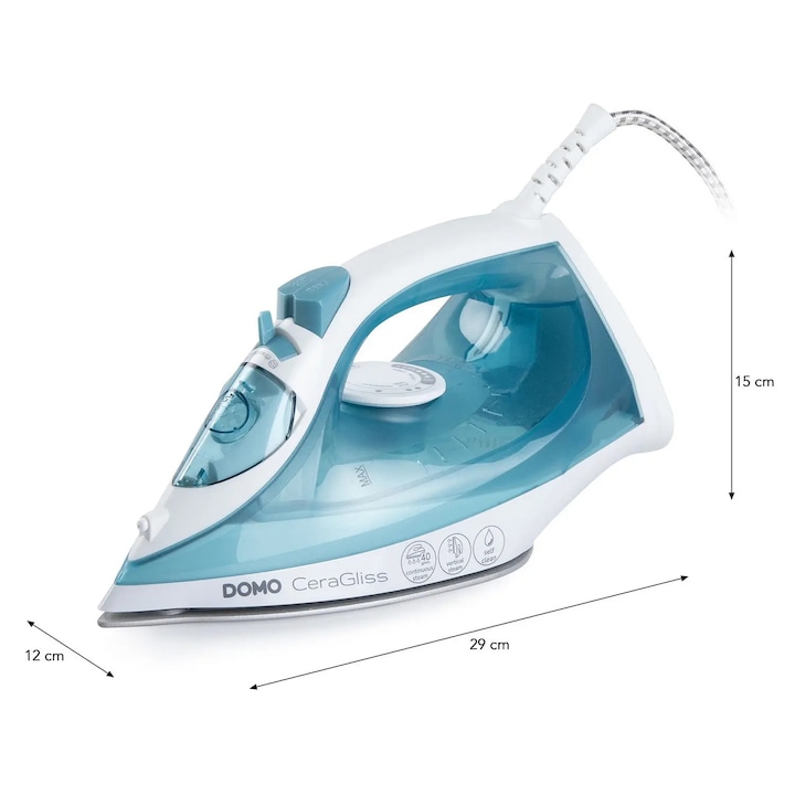 Fier de calcat DOMO, CeraGliss, calcare orizontala/verticala, talpa din ceramica, filtru anticalcar, functie autocuratare, functie Eco, nivel de aburi reglabil, control temperatura, ideal pentru toate tipurile de material, blue