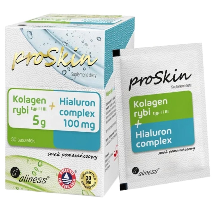 Aliness proSkin Colagen din peste 5 g + Complex hialuron 100 mg, portocale, 30 plicuri