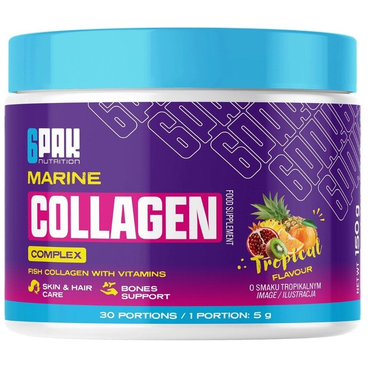 6PAK Marine Collagen Complex, Formula cu colagen, fructe tropicale, 150 g