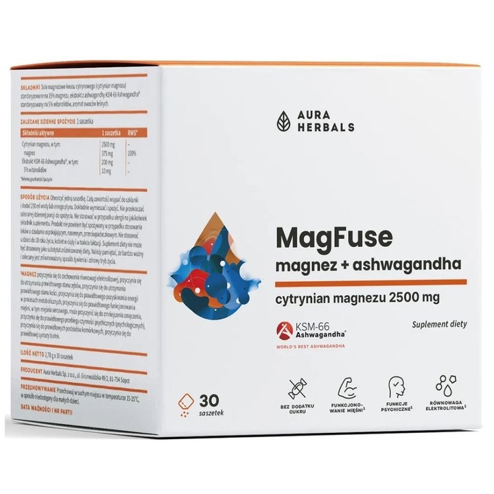 Магнезий 375 mg + Ашваганда 200 mg Aura Herbals MagFuse, горски плодове, 30 сашета