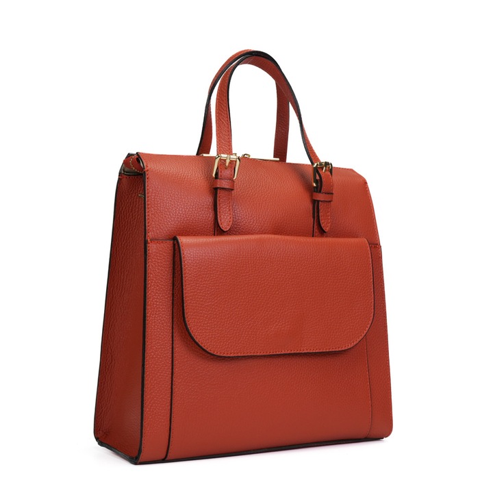 Rucsac Piele Alessa - Caramiziu, 1 Compartiment, 4 Buzunare, 2 Barete, Rucsac Piele Naturala, Rucsac, Rucsac De Vara, Piele Naturala, Rucsac Piele