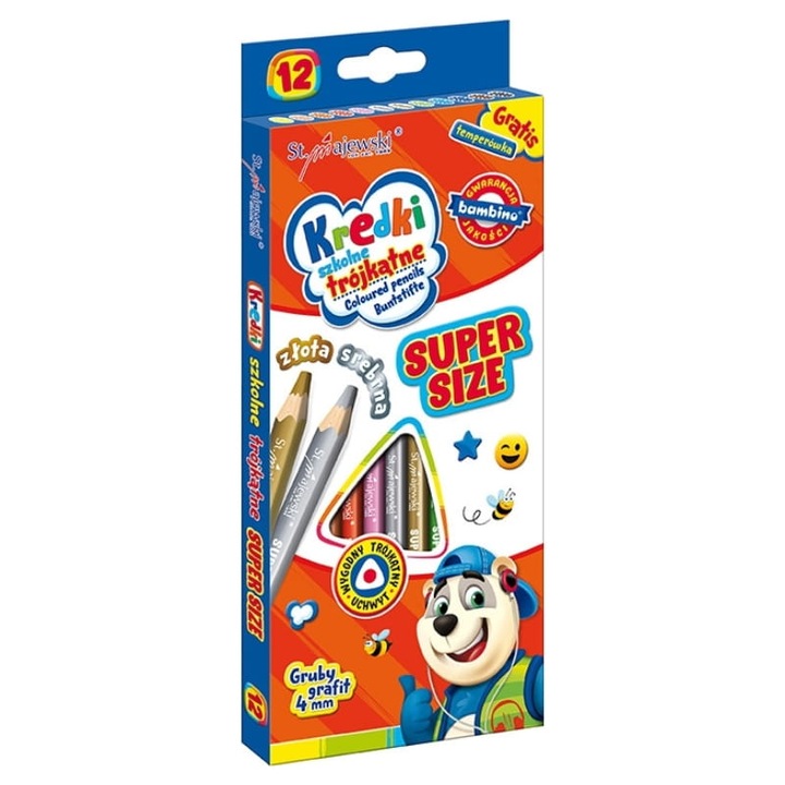 Set Creioane Triunghiulare Cu Ascutitoare, Bambino, Forma Ergonomica, Grafit Cu Diametru De 4 mm, Conform Normelor De Siguranta 2009/48/Ce, Pentru Desen Si Umbrire, 10.5 cm, Multicolor