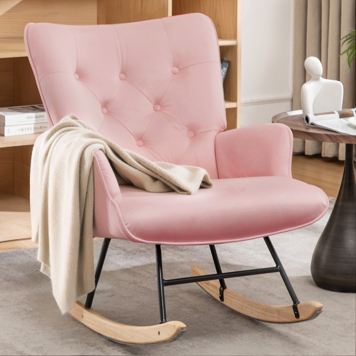 Fotoliu balansoar Korser, material catifea, buzunare laterale, ergonomic, 64x97x86cm, roz