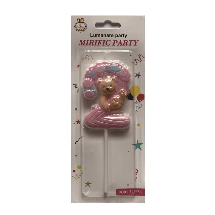 Lumanare tort, roz, 15 cm, ursulet, cifra 2