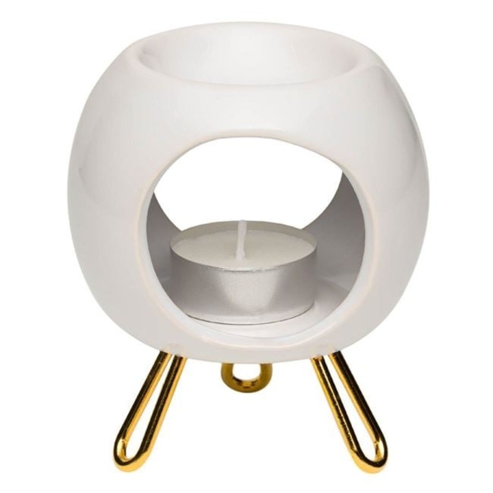 Fehér kerámia tartó arany lábakkal illatos olajhoz – mérete 8,5 x 11 cm, elegáns design otthoni aromaterápiához