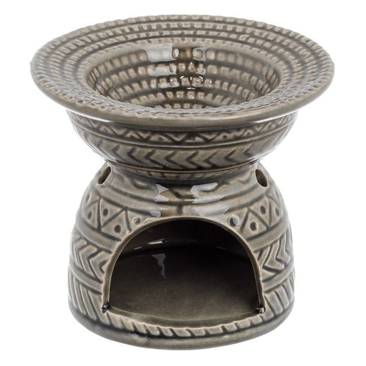 Szürke Kerámia Olajmécses Tartó Mintával – Méretek 11x9,5 cm, Elegáns Dizájn Otthoni Aromaterápiához