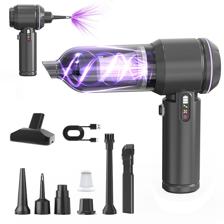 Aspirator auto fara fir 2 in 1, 17000PA, 6000mAh, 7 duze, negru