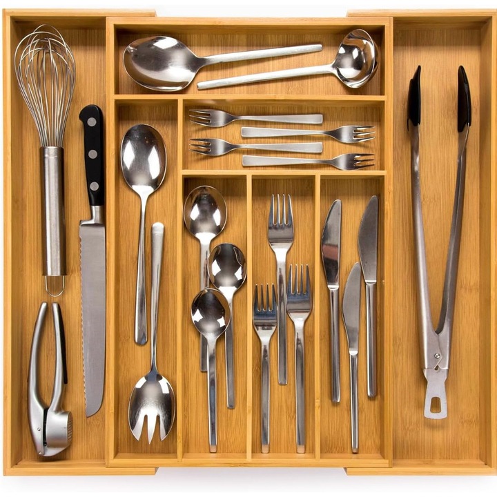 Разтегателен органайзер за чекмеджета от бамбук, прибори за хранене и кухненски принадлежности с 6-8 отделения, ширина между 30,6 см и 50 см, дълбочина 47 см