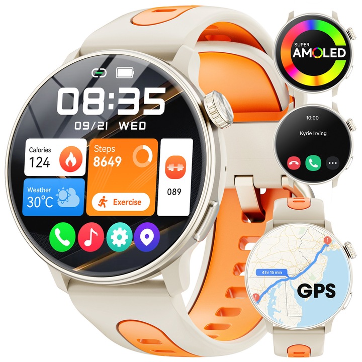 Ceas Smartwatch GPS, Hwagol, Model S666, ecran AMOLED, 1.43 inch, apel Bluetooth, managementul sanatatii, busola, barometru altitudine, tracker de date sportive, notificare inteligenta, tracker fitness, monitorizare somn, impermeabil, argintiu