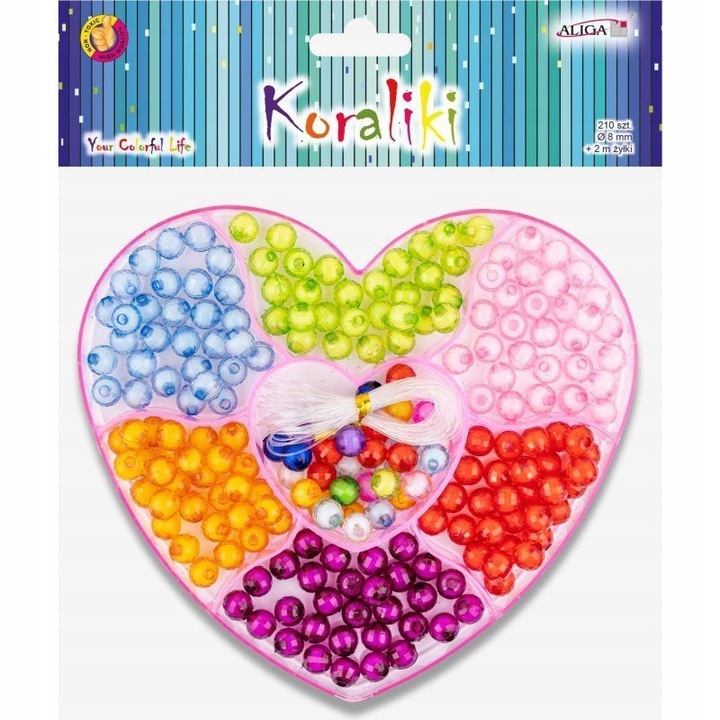Set de 210 bucati de margele plastice 8mm, mix 6 culori, cutie in forma de inima, cu fir elastic 2m, Aliga