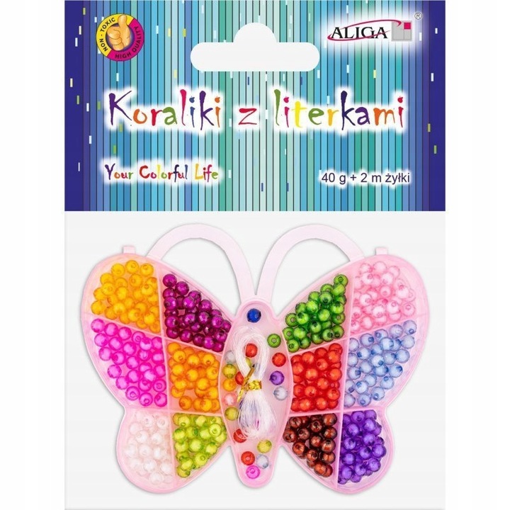 Kit de 300 margele Aliga, 8mm, mix 12 culori, cutie in forma de fluture, cu fir elastic 2m