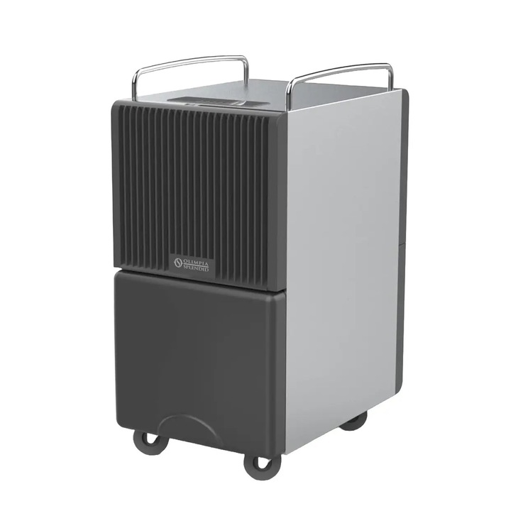 Dezumidificator profesional Olimpia Splendid, 30 litri/24h, rezervor 8 litri, indicator de umiditate si temperatura, timer 24h, drenaj continuu, alerta rezervor plin, sistem ventilare, panou de control digital, maner si roti pentru transport, gri