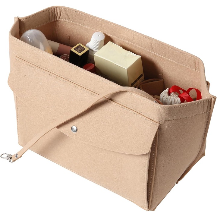 Geanta de mana organizatoare cosmetica Cskunxia din fetru – culoare kaki – compartimentata, multifunctionala, capacitate mare – ideala pentru posete, rucsacuri si calatorii
