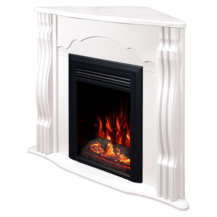 Elektromos sarokkandalló Clasic fehér & Cris, Art Flame, 883x950x475 mm, 2000 W, 2 fűtési fokozat, 3 színes láng, Időzítő