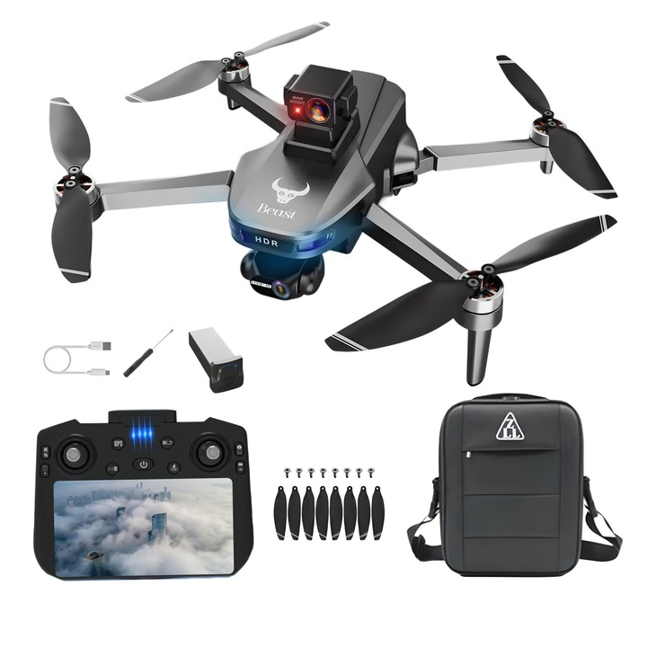 Drona HexaCraft Hdark Ripple, cu gimbal 3 axe, camera 4K, ecran 6.5 inch, GPS dual, senzori 360, retur automat, 25min zbor, mod Headless, Find my drone