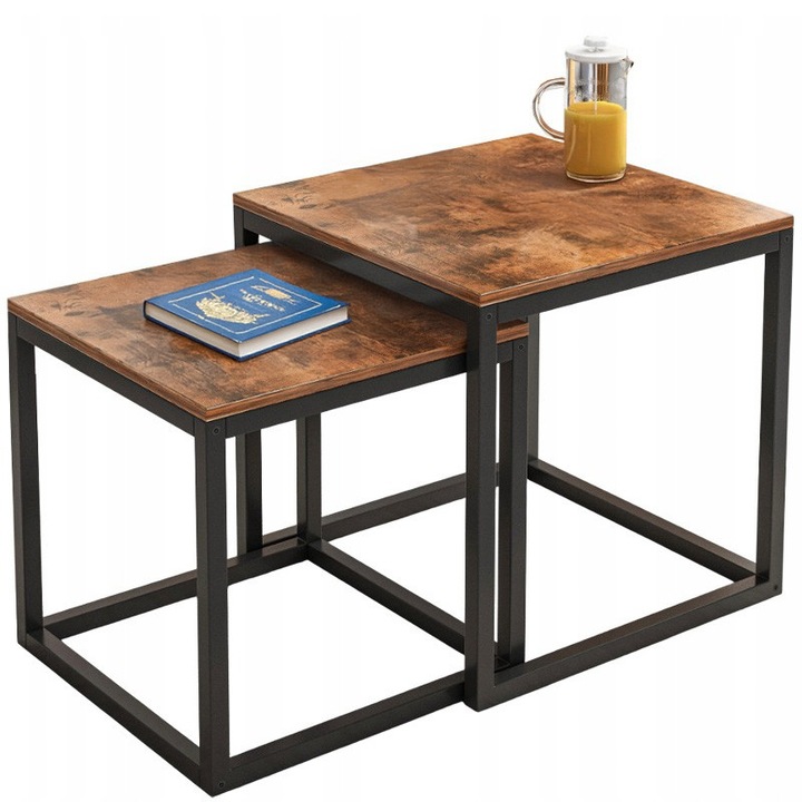 Set masa de cafea 2 in 1 pliabil, Rebiko, bronz rustic, 55x52x50 cm + 48x43x40 cm