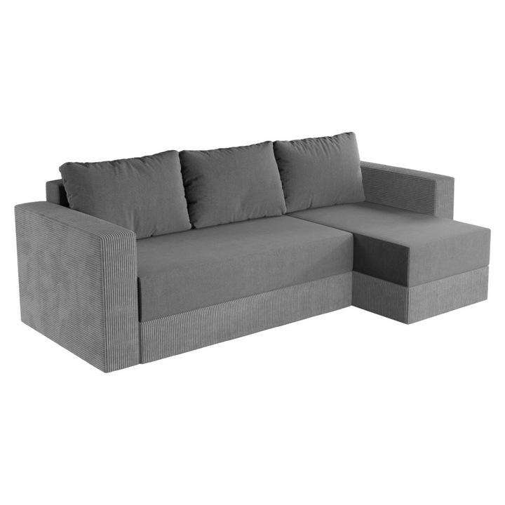 Coltar Alfa, extensibil, cu lada depozitare, stofa catifea si reiat, 250 x 140 x 85 cm, Gri Deschis