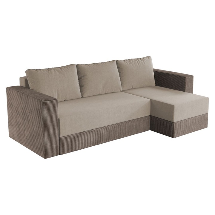 Coltar Alfa, extensibil, cu lada depozitare, stofa catifea si reiat, 250 x 140 x 85 cm, Bej / Cappuccino