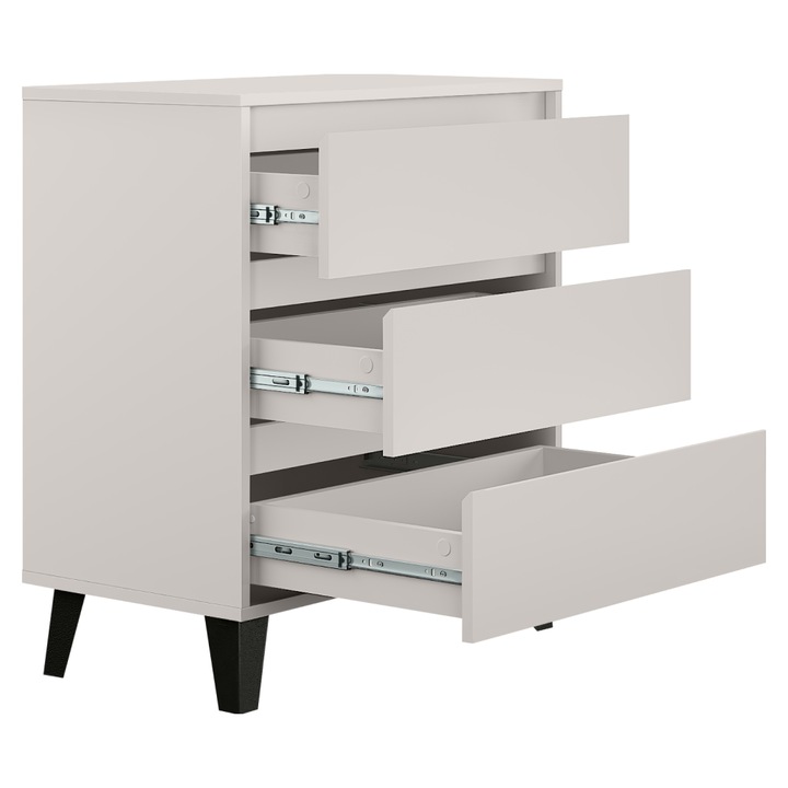 Comoda, culoare casmir, din PAL laminat, cu 3 sertare, design elegant, picioare din metal, negre, 70x38, 8x78, 4 cm