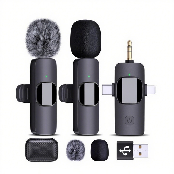 Set de 2 microfone profesionale, microfon lavalier, adaptor USB, Wireless, Laptop, Tablet, Dedicat pentru inregistrare, Mini microfon pentru inregistrare, Live Stream, Interviu video, Negru