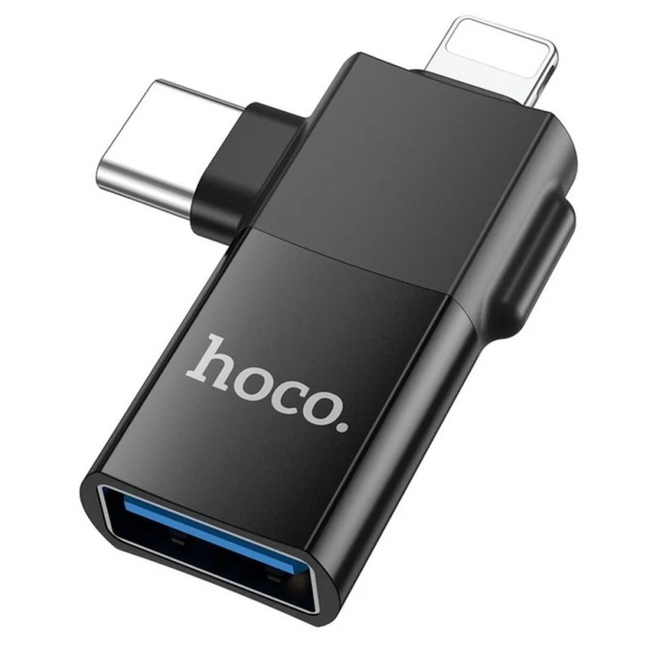 USB-C/Lightning - USB-A 2 az 1-ben adapter, Selani Premium Hoco, OTG töltés és átvitel, fekete