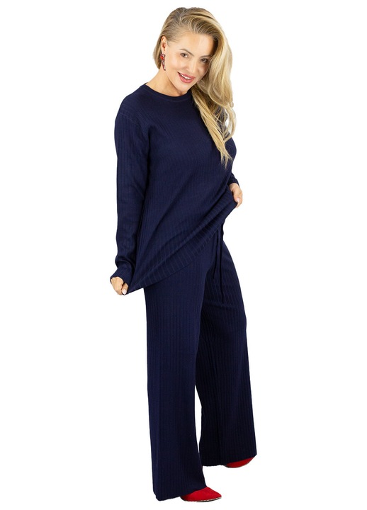 Set negru din tricot reiat, bluza cu maneca lunga si pantaloni comozi albastru marin– Sorella Agrafka, Albastru