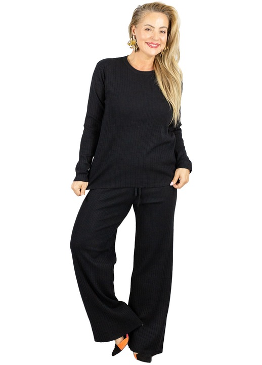 Set negru din tricot reiat, bluza cu maneca lunga si pantaloni comozi Negru– Sorella Agrafka, Negru