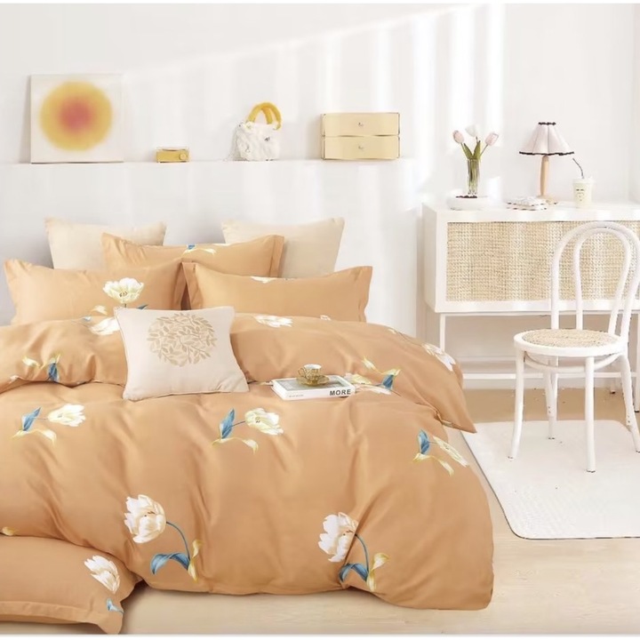 Спално бельо JRH, 2 души, 100% памук, флорален принт, чаршаф 230 x 250 см, калъф за завивка 200 x 230 см, 2 калъфки за възглавници 50 x 75 см, светло оранжево