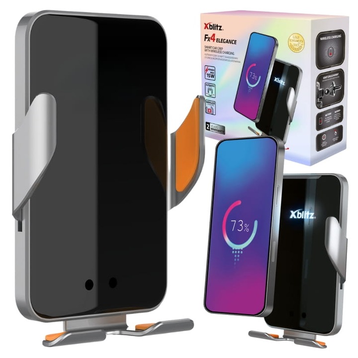Autós tartókészlet vezeték nélküli töltéssel, xblitz, Fx4 Elegance, ABS anyag, töltési teljesítmény 15W, közelségérzékelő 5–20 cm, USB-C tápellátás (5V/2A), 10,2 x 7,1 x 4,6 cm, fekete