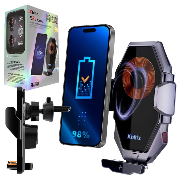 Autós tartókészlet vezeték nélküli töltéssel, xblitz, Fx8 Elegance, vezeték nélküli és vezetékes töltés, vezeték nélküli töltési teljesítmény 15W/10W/7.5W/5W, USB-C tápcsatlakozó, érzékelő tartomány 5–20 cm, 122.2 x 75 x 51 mm, fekete