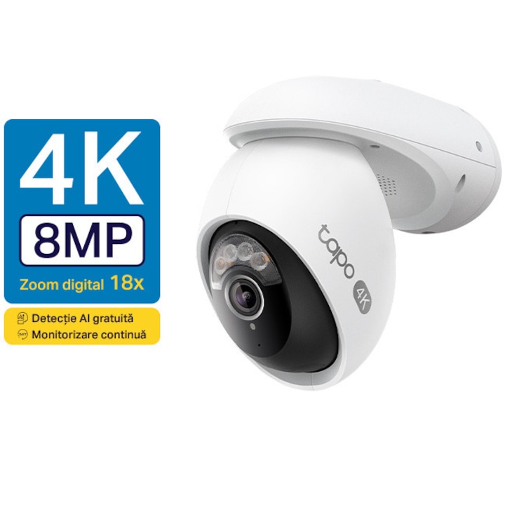 TP-Link Tapo C560WS Vezeték nélküli megfigyelő kamera 360 fokos Pan/Tilt funkcióval, 8MP, 4K, 3840x2160, Arcfelismerés, Starlight színes éjjellátó, Intelligens AI észlelés, Kétirányú hang, ONVIF